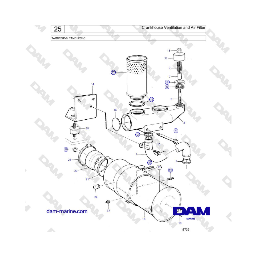 Volvo Penta TAMD122P-B, TAMD122P-C - Ventilazione del carter e filtro dell'aria