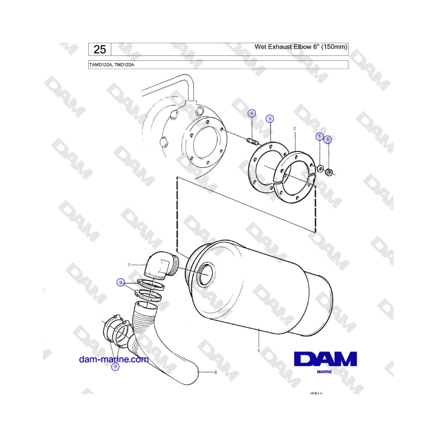 Volvo Penta TAMD122A, TMD122A - Codo de escape húmedo de 6'' (150 mm) 