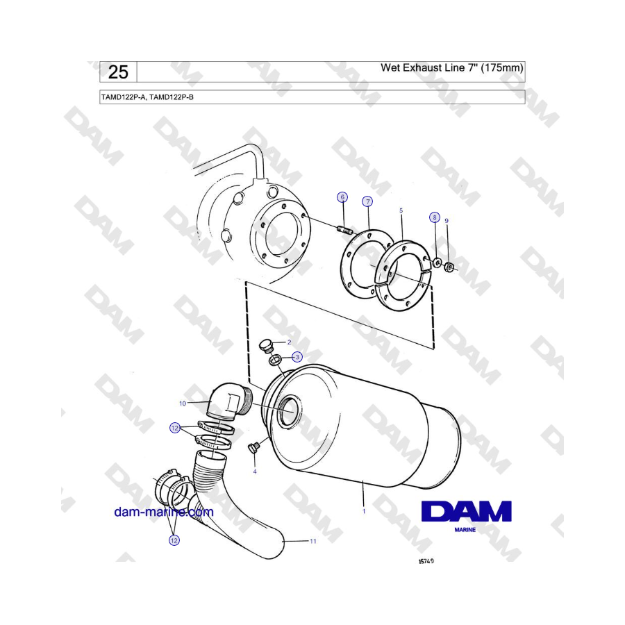 Volvo Penta TAMD122P-A, TAMD122P-B - Linea di scarico umida 7'' (175 mm)