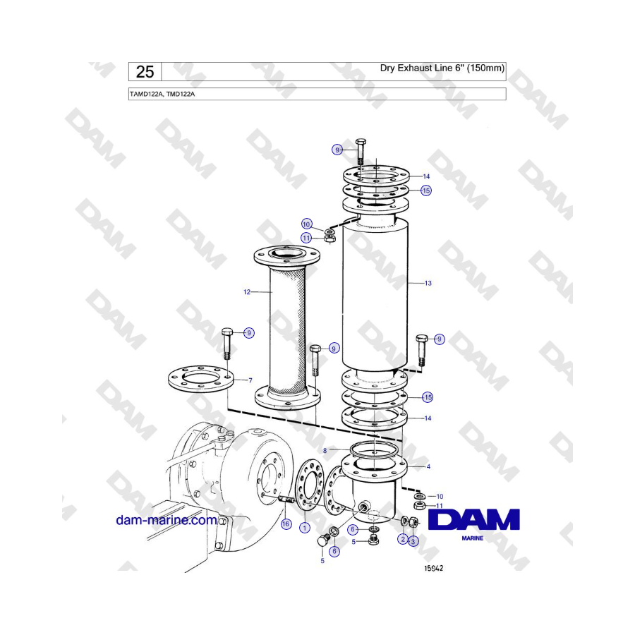 Volvo Penta TAMD122A, TMD122A - Linea di scarico a secco da 6'' (150 mm)
