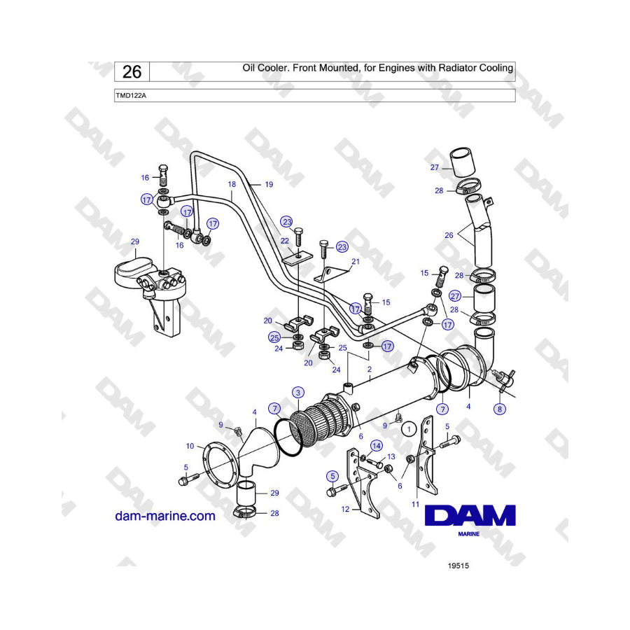 Volvo Penta TMD122A - Enfriador de aceite. Montaje frontal, para motores con refrigeración por radiador 