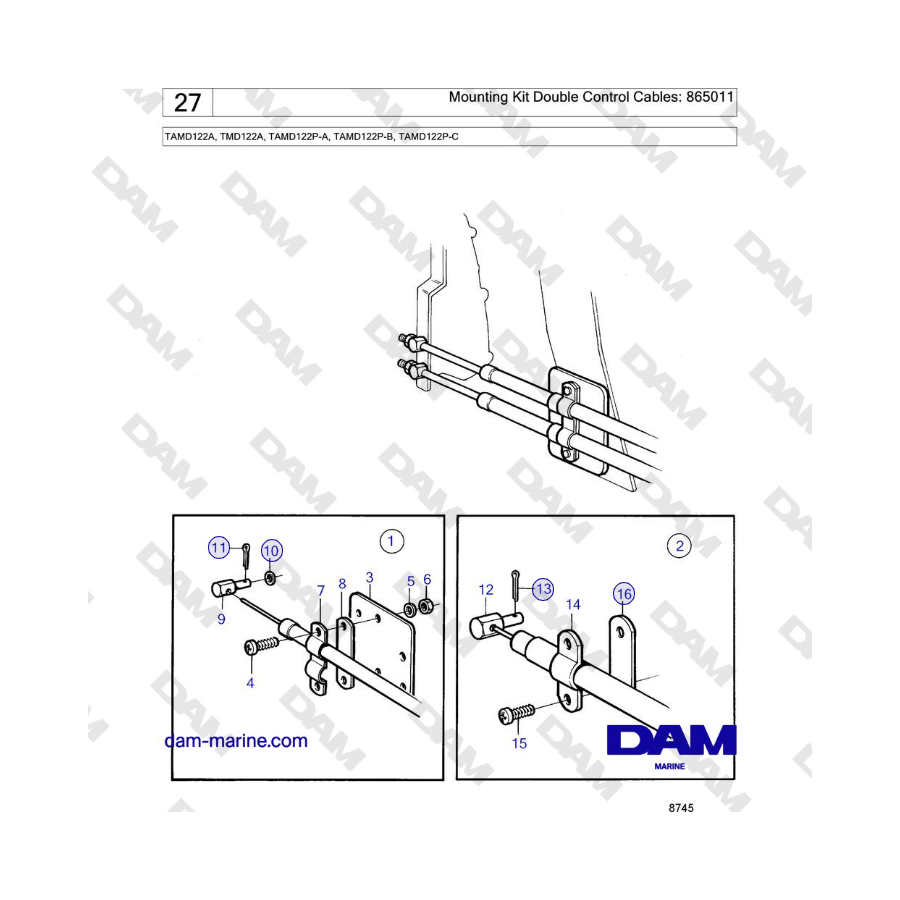 Volvo Penta TAMD122A, TMD122A, TAMD122P-A, TAMD122P-B, TAMD122P-C - Kit de montaje de cables de control dobles: 865011