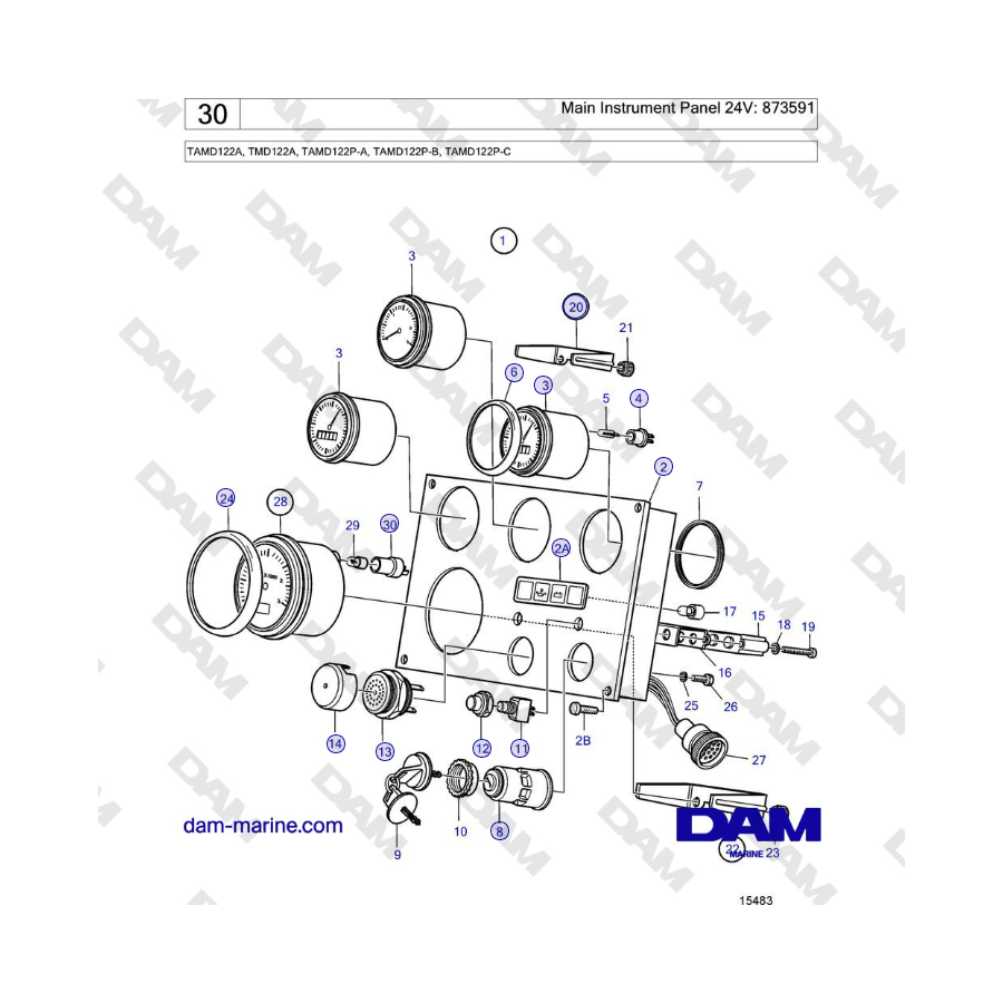 Volvo Penta TAMD122A, TMD122A, TAMD122P-A, TAMD122P-B, TAMD122P-C - Panel de instrumentos principal 24 V: 873591
