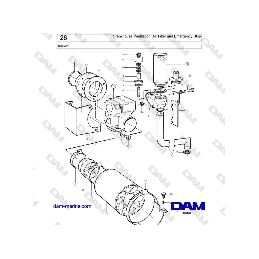 Volvo Penta TMD100C - Crankhouse Ventilation, Air Filter and Emergency Stop