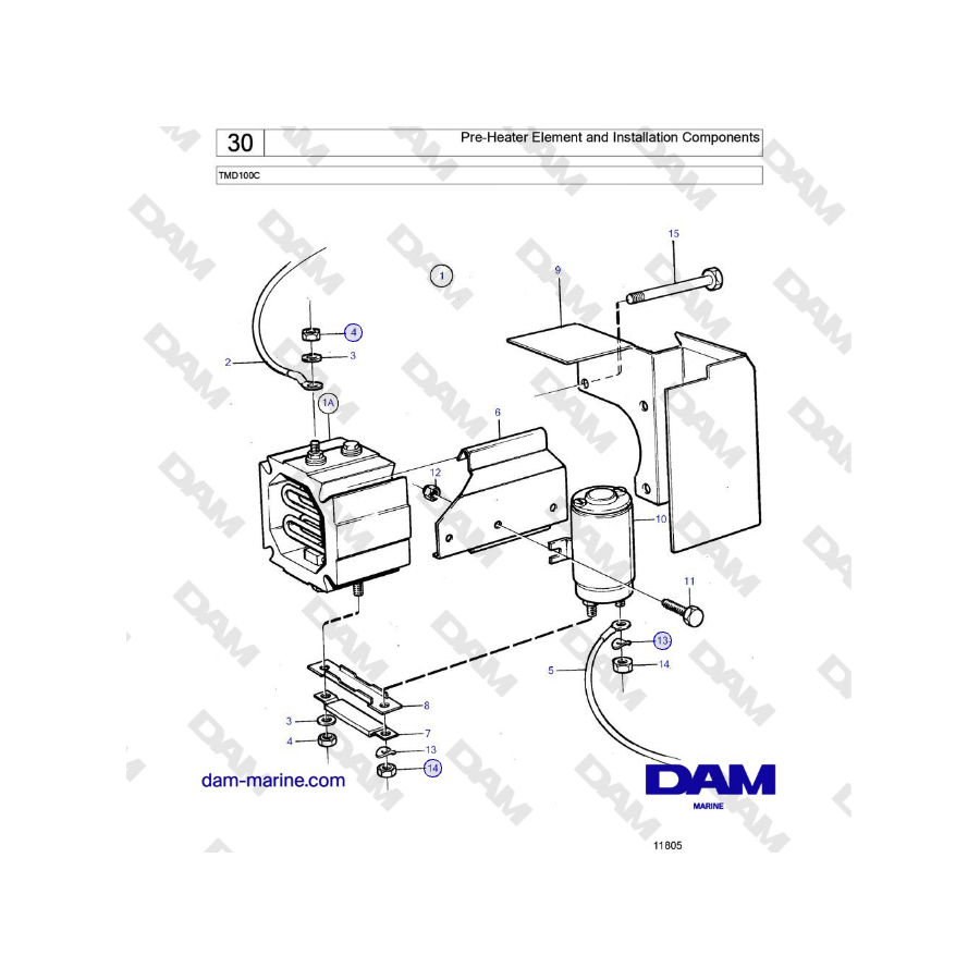 Volvo Penta TMD100C - Pre-Heater Element and Installation Components