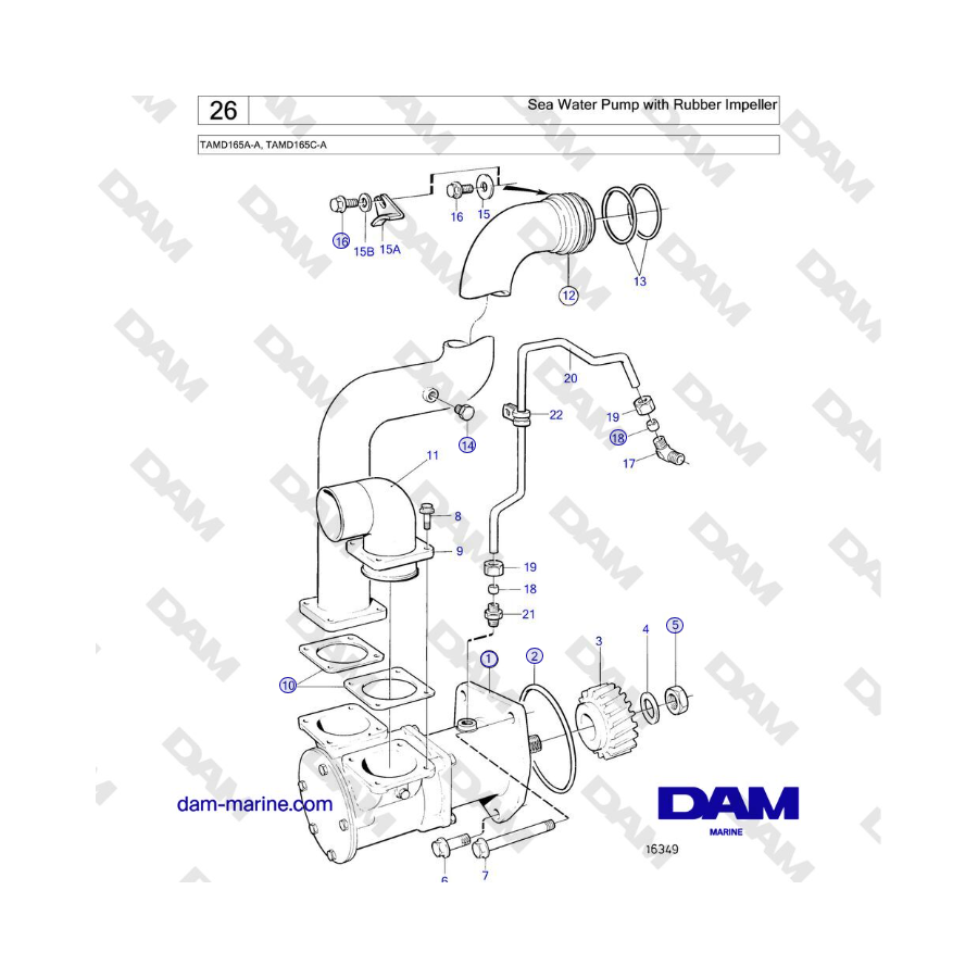 Volvo Penta TAMD165A-A, TAMD165C-A - Sea Water Pump with Rubber Impeller