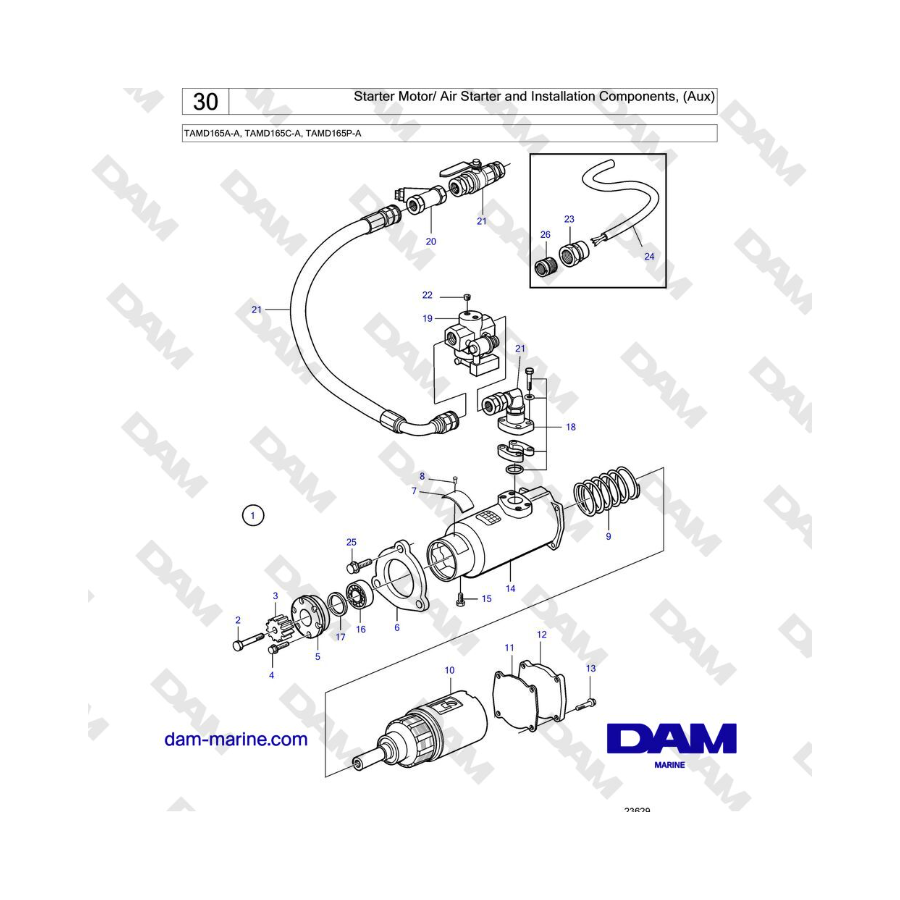 Volvo Penta TAMD165A-A, TAMD165C-A, TAMD165P-A - Motor de arranque/Arrancador neumático y componentes de instalación (auxiliares