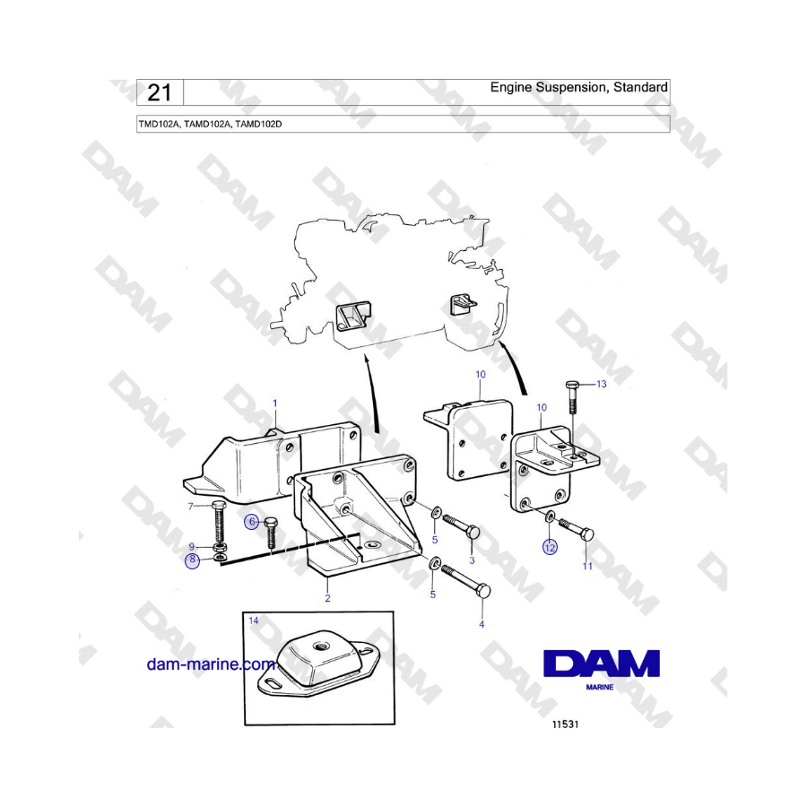 Volvo Penta TMD102A, TAMD102A, TAMD102D - Suspensión del motor, estándar