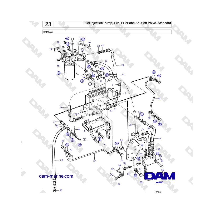 Volvo Penta TMD102A - Pompa di iniezione del carburante, filtro del carburante e valvola di intercettazione. Standard 