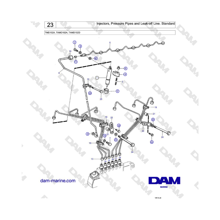 Volvo Penta TMD102A, TAMD102A, TAMD102D - Inyectores, tuberías de presión y línea de control de fugas. Estándar