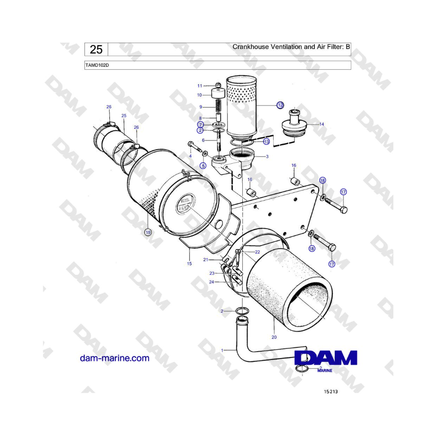 Volvo Penta TAMD102D - Ventilación del cigüeñal y filtro de aire: B