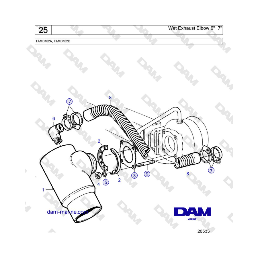 Volvo Penta TAMD102A, TAMD102D - Codo de escape húmedo de 6'' y 7'' 