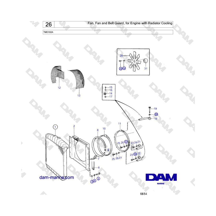 Volvo Penta TMD102A - Ventilador, protector de ventilador y correa para motor con refrigeración por radiador