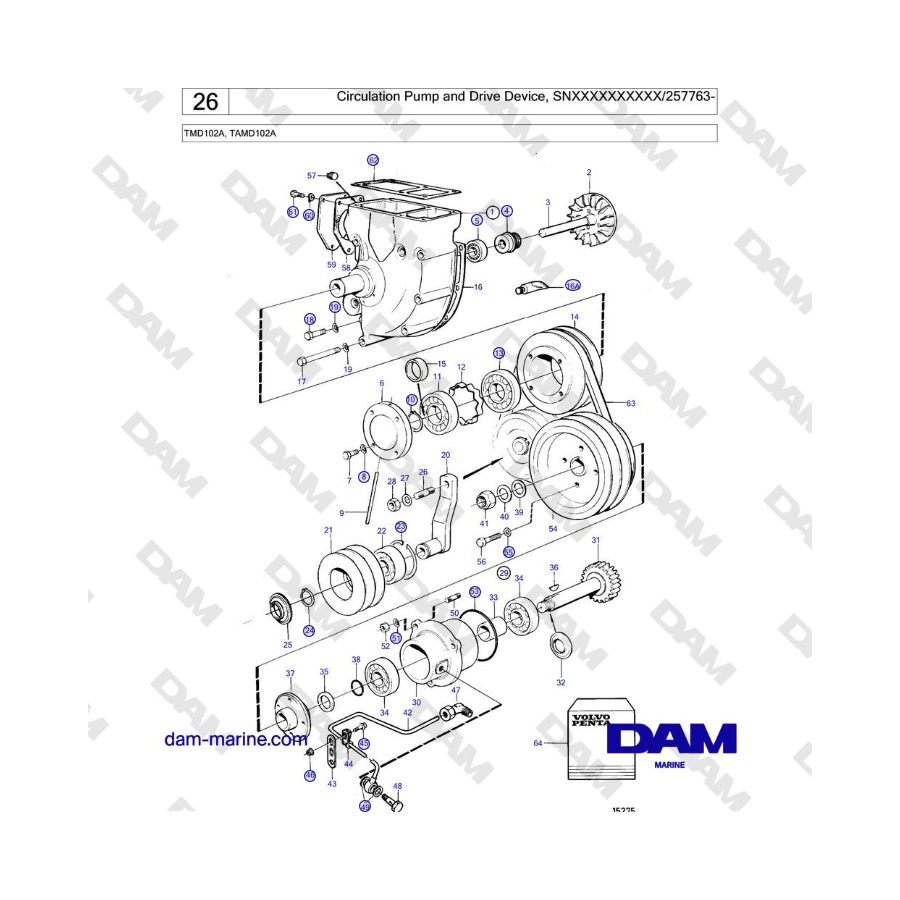 Volvo Penta TMD102A, TAMD102A - Bomba de circulación y dispositivo de accionamiento
