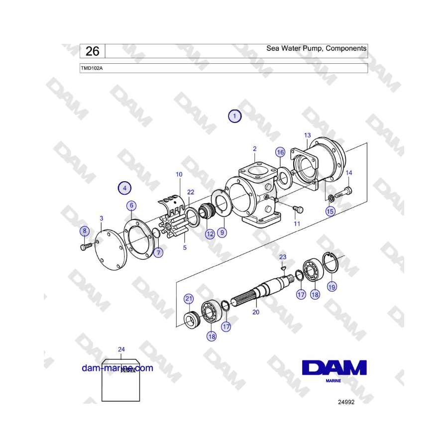 Volvo Penta TMD102A - Bomba de agua de mar, componentes