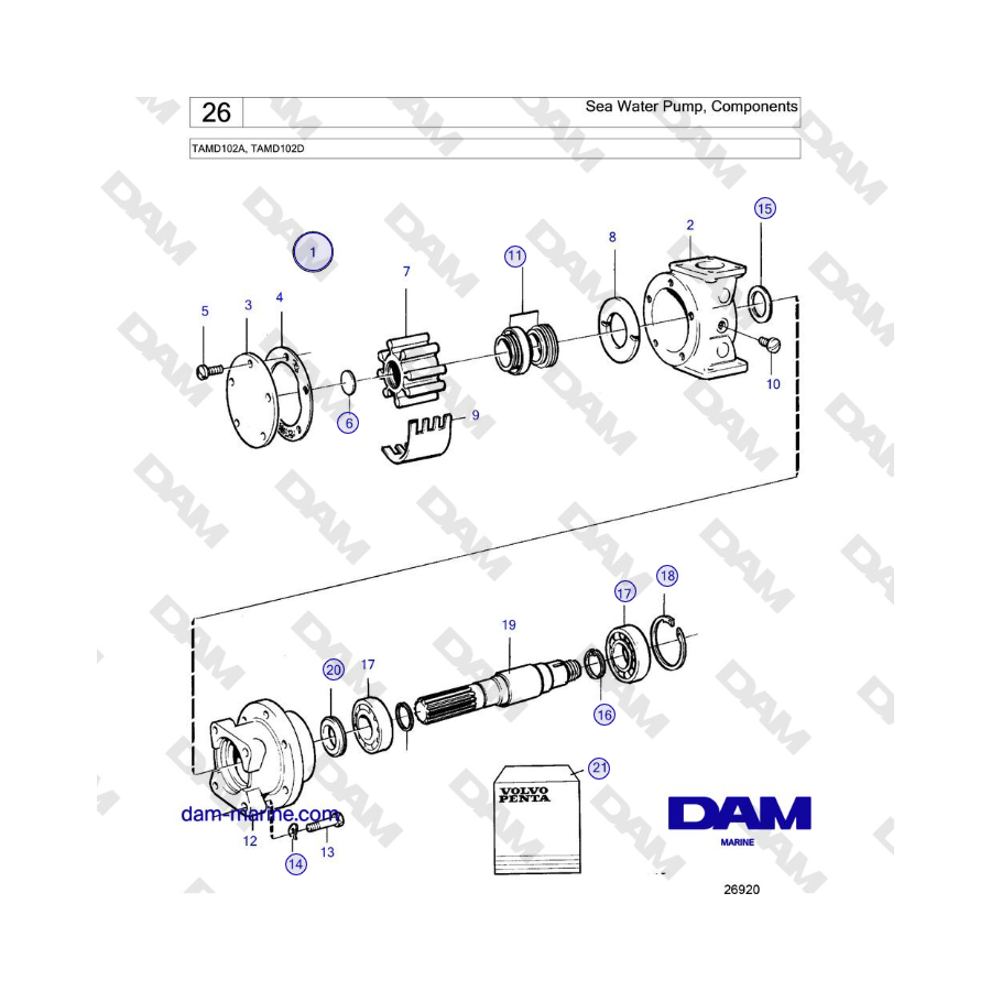 Volvo Penta TAMD102A, TAMD102D - Pompa acqua di mare, componenti