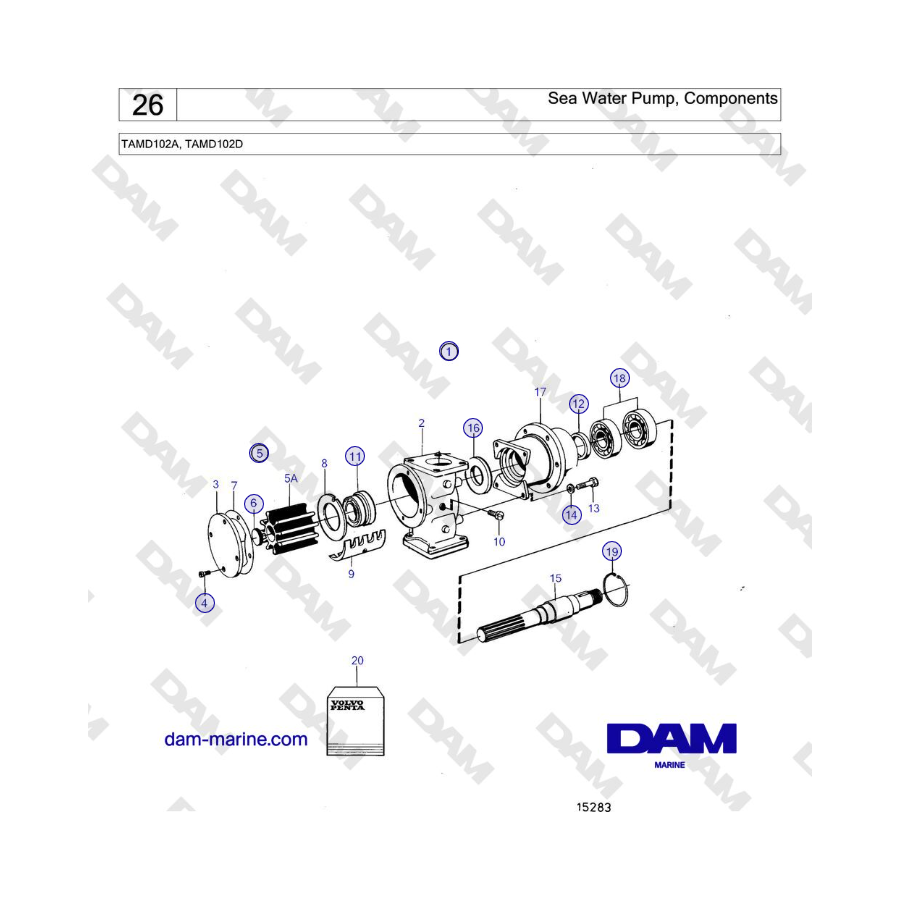 Volvo Penta TAMD102A, TAMD102D - Bomba de agua de mar, componentes