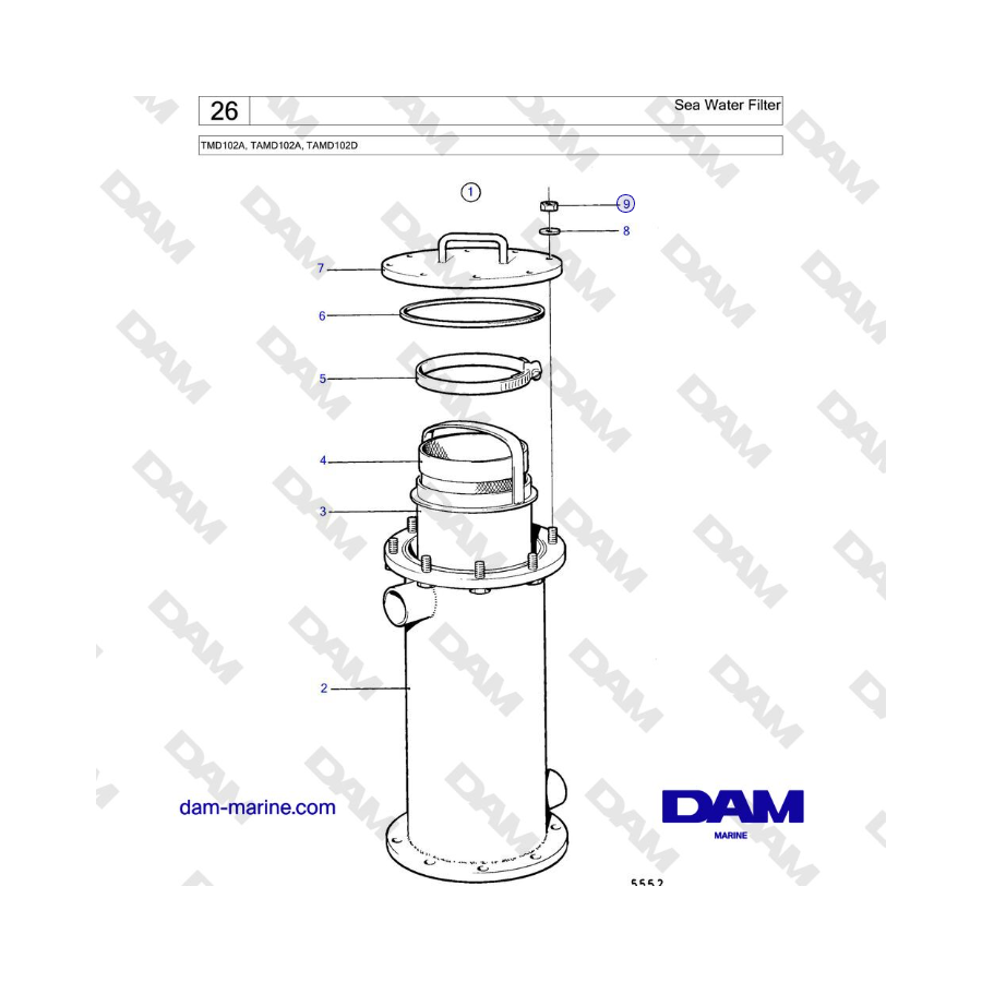 Filtro de agua de mar Volvo Penta TMD102A, TAMD102A, TAMD102D