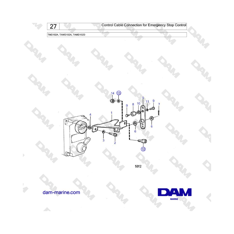 Volvo Penta TMD102A, TAMD102A, TAMD102D - Conexión del cable de control para control de parada de emergencia 