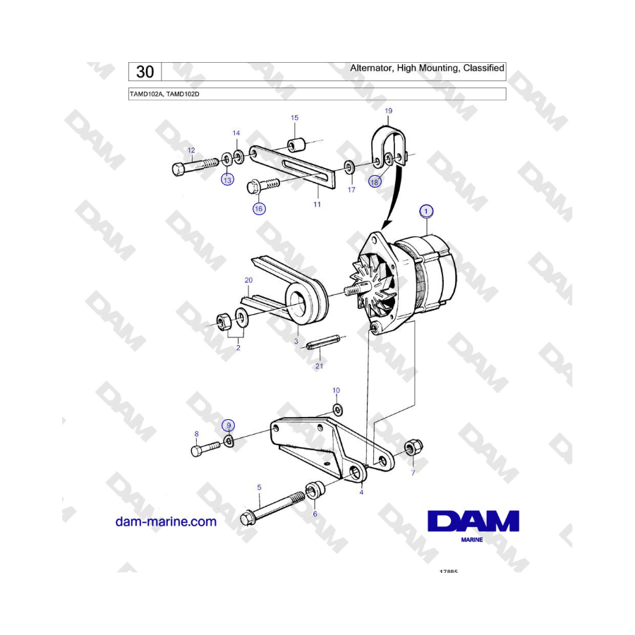 Volvo Penta TAMD102A, TAMD102D - Alternador, montaje alto, clasificado
