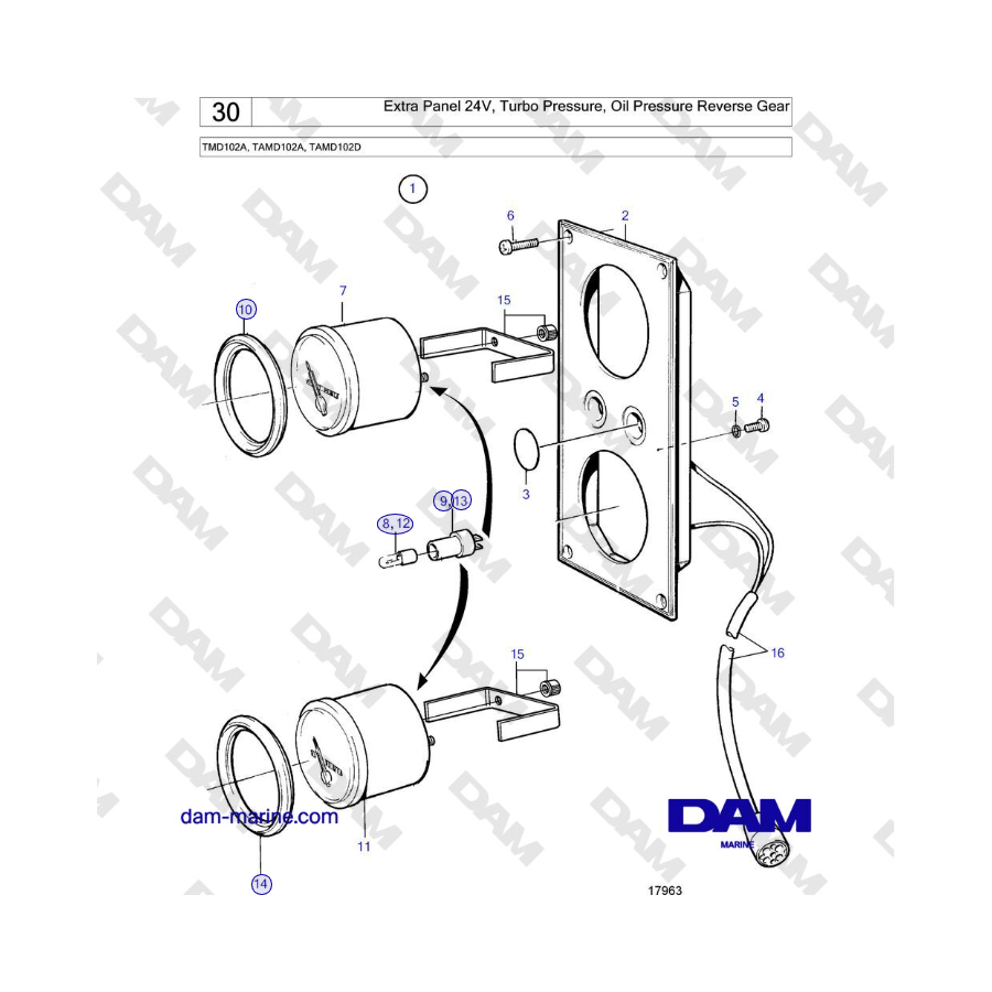 Volvo Penta TMD102A - Pannello aggiuntivo 24 V, pressione turbo, pressione olio, retromarcia