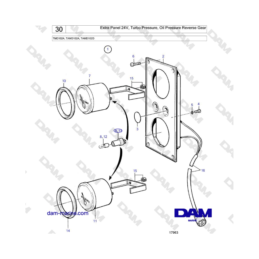 Volvo Penta TMD102A, TAMD102A, TAMD102D - Panel adicional de 24 V, presión del turbo, presión de aceite, marcha atrás 