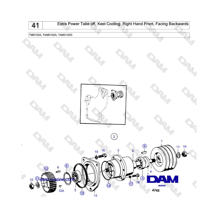 Volvo Penta TMD102A, TAMD102A, TAMD102D - Presa di potenza aggiuntiva, raffreddamento della chiglia. Mano destra davanti, rivolt