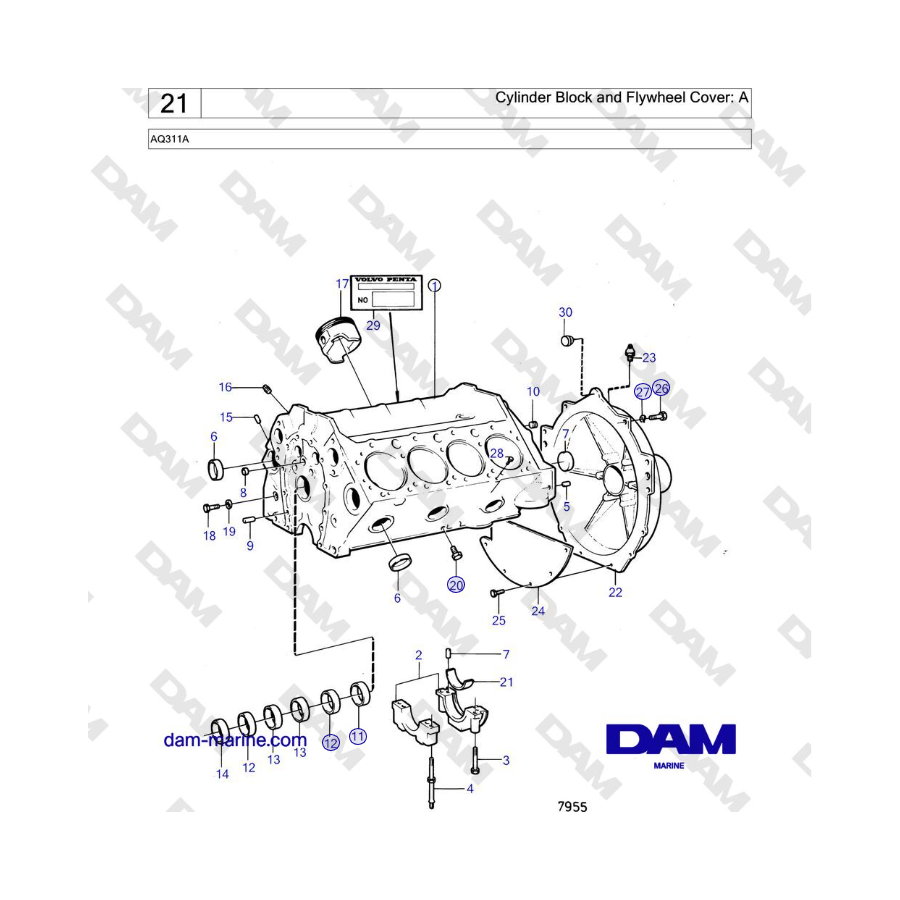 Volvo Penta AQ311A - Cylinder Block and Flywheel Cover: A