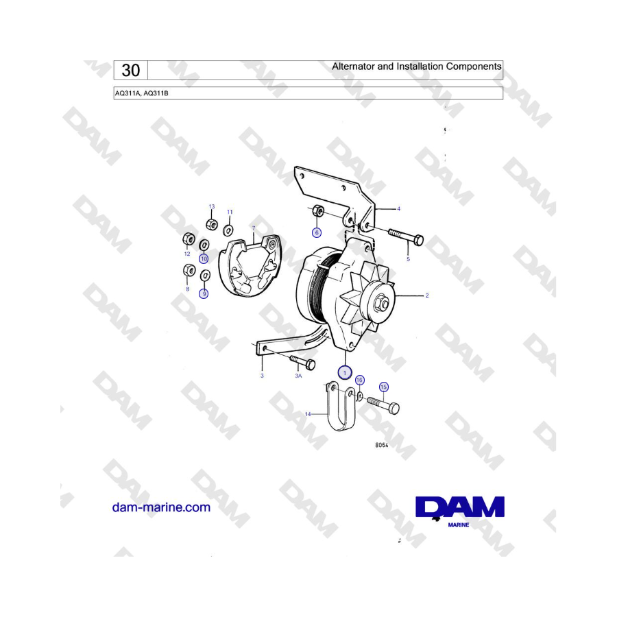 Volvo Penta AQ311A, AQ311B - Alternador y componentes de instalación