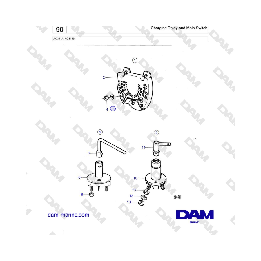 Volvo Penta AQ311A, AQ311B - Relé de carga e interruptor principal 