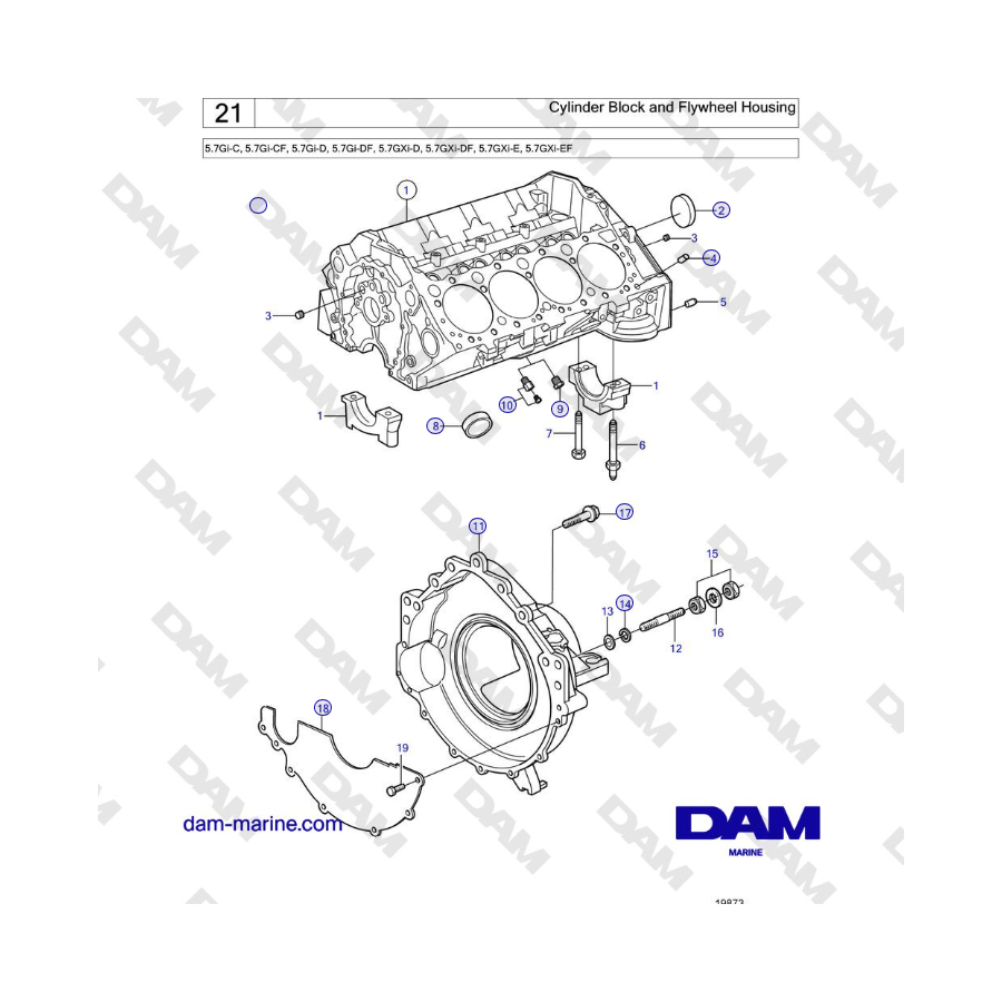 Volvo Penta 5.7L GI-C / 5.7L GI-D - Bloque de cilindros y carcasa del volante