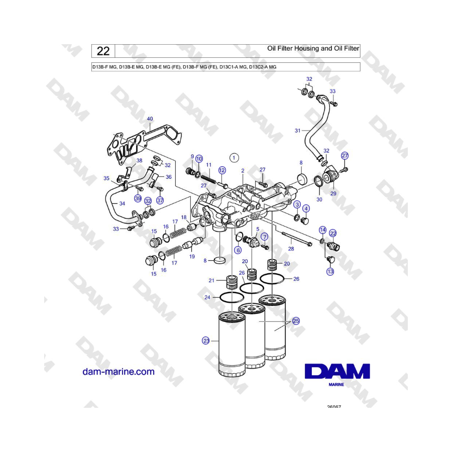 Volvo Penta D13B - Carcasa del filtro de aceite y filtro de aceite