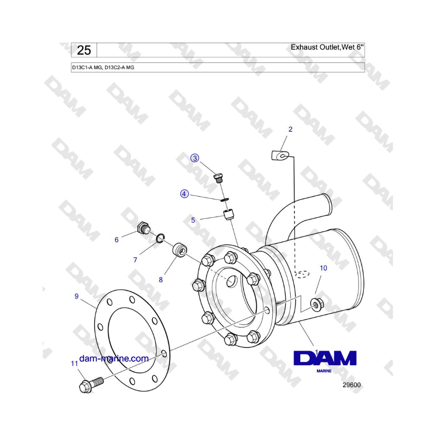 Volvo Penta D13B - Salida de escape húmeda de 6"
