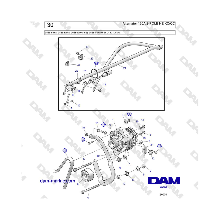 Volvo Penta D13B - Alternador 120A 2 POLOS