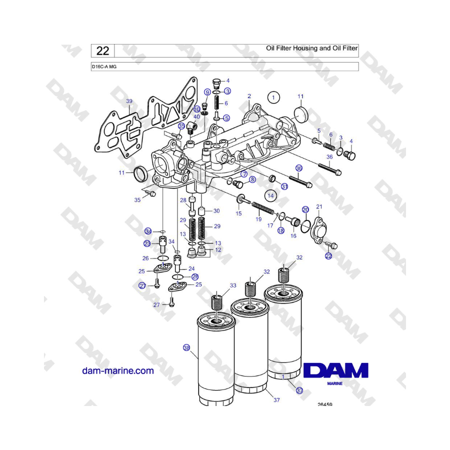 Volvo Penta D16C-A MG - Carcasa del filtro de aceite y filtro de aceite