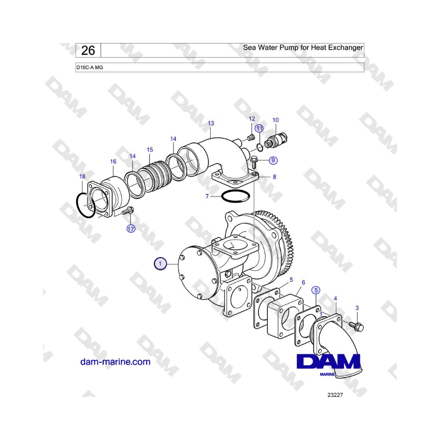 Volvo Penta D16C-A MG - Pompa acqua di mare per scambiatore di calore 