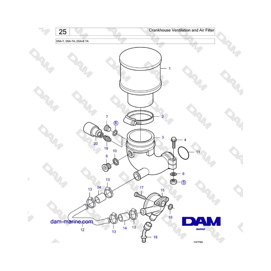 Volvo Penta D5A-T, D5A-TA, D5A-B TA - Ventilación del cigüeñal y filtro de aire 