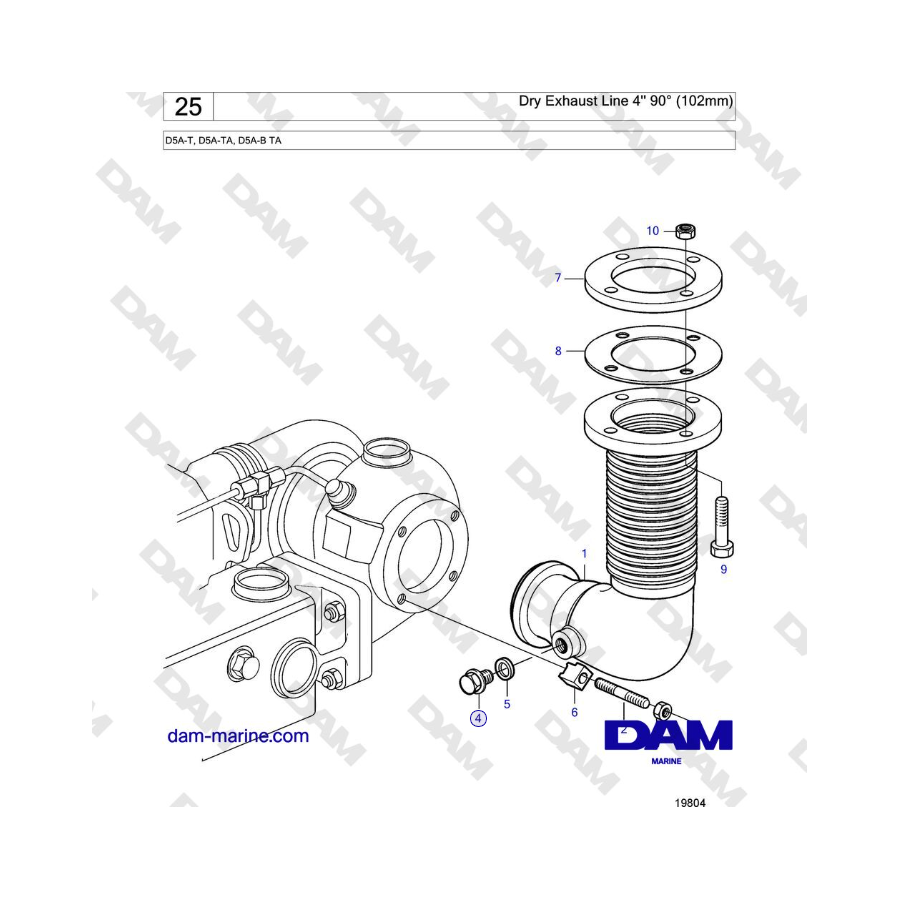 Volvo Penta D5A-T, D5A-TA, D5A-B TA - Línea de escape seca de 4'' 90° (102 mm)