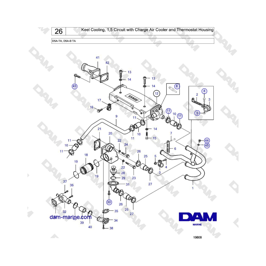 Volvo Penta D5A-TA, D5A-B TA - Raffreddamento della chiglia, 1,5 circuiti con intercooler e alloggiamento del termostato