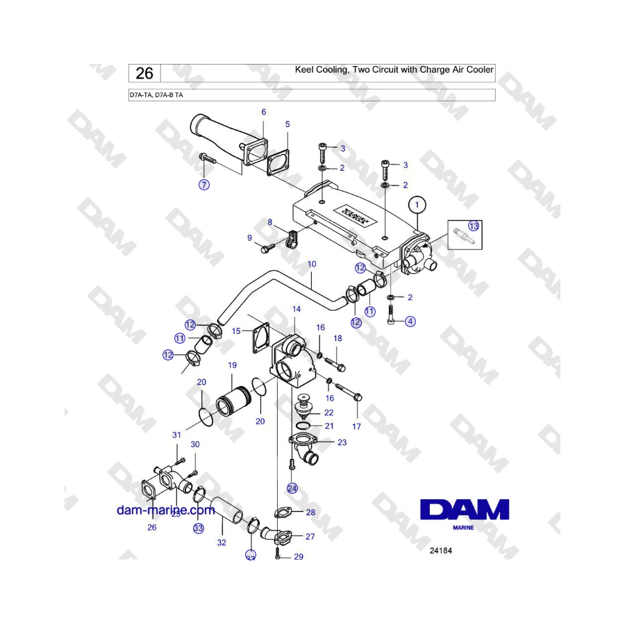 Volvo Penta D7A-TA, D7A-B TA - Refrigeración de quilla, dos circuitos con enfriador de aire de carga 