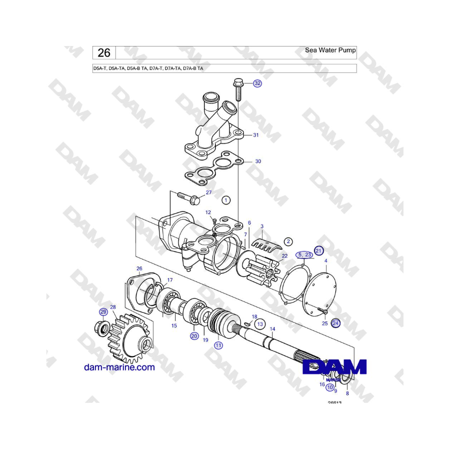 Volvo Penta D5A-T, D5A-TA, D5A-B TA, D7A-T, D7A-TA, D7A-B TA - Bomba de agua de mar