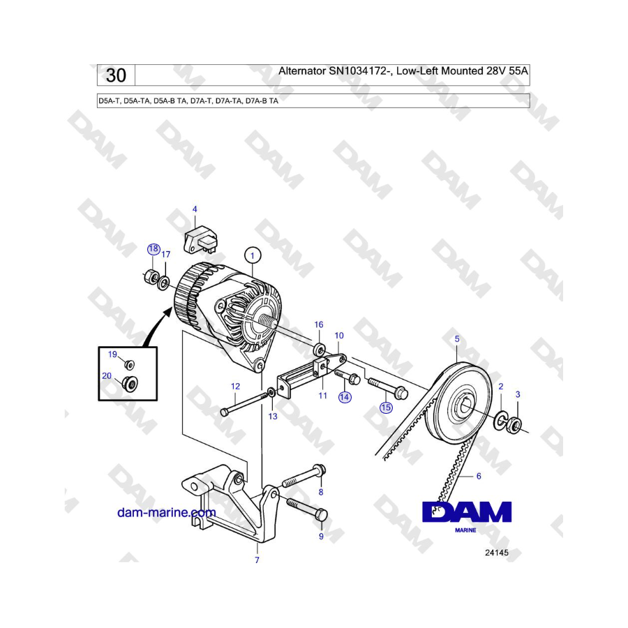Volvo Penta D5A-T, D5A-TA, D5A-B TA, D7A-T, D7A-TA, D7A-B TA - Alternatore SN1034172-, montato in basso a sinistra 28 V 55 A