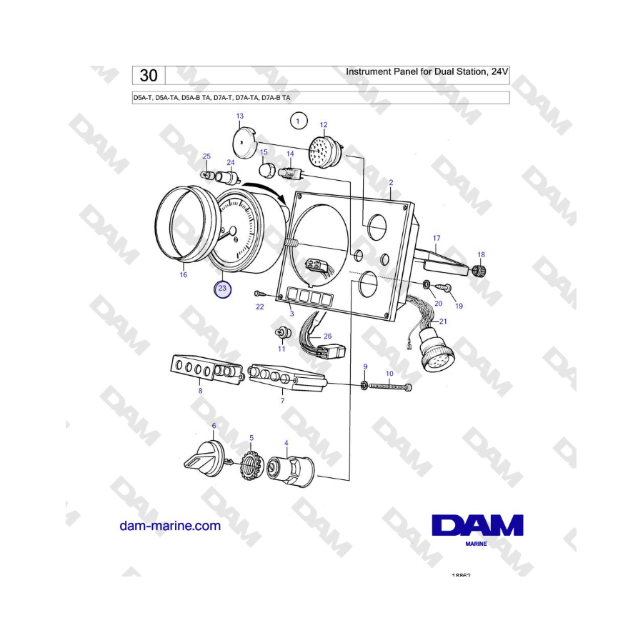 Volvo Penta D5A-T, D5A-TA, D5A-B TA, D7A-T, D7A-TA, D7A-B TA - Panel de instrumentos para estación doble, 24 V