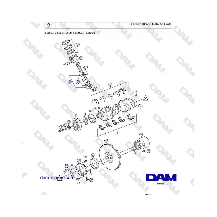 Volvo Penta 5.0GXi-J, 5.0GXi-JF, 5.0OSi-J, 5.0OSi-JF, 5.0GXi-N - Crankshaft and Related Parts