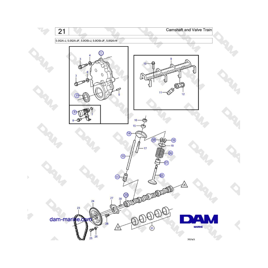 Volvo Penta 5.0GXi-J, 5.0GXi-JF, 5.0OSi-J, 5.0OSi-JF, 5.0GXi-N - Árbol de levas y tren de válvulas 