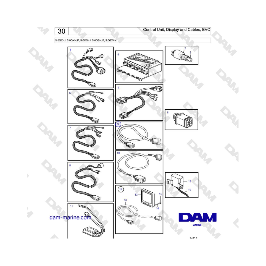 Volvo Penta 5.0GXi-J, 5.0GXi-JF, 5.0OSi-J, 5.0OSi-JF, 5.0GXi-N - Control Unit, Display and Cables, EVC