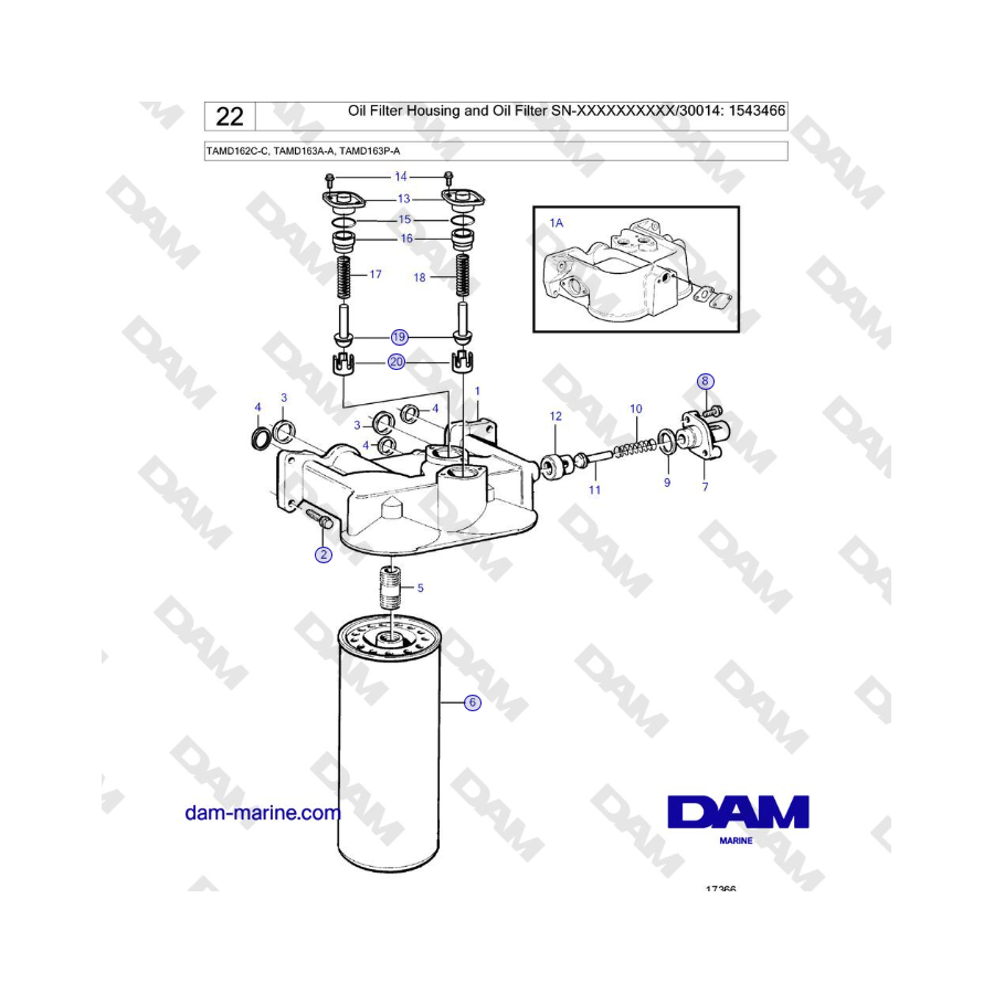 Volvo Penta TAMD162C-C, TAMD163A-A, TAMD163P-A - Carcasa del filtro de aceite y filtro de aceite