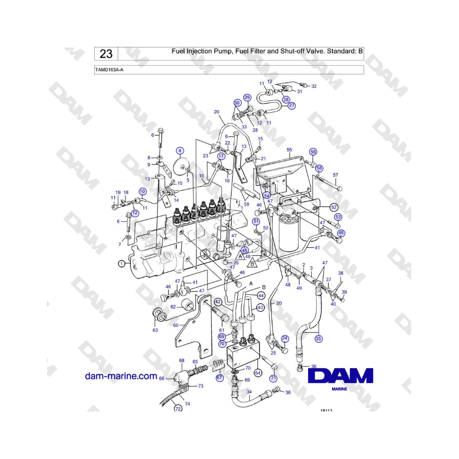 Volvo Penta TAMD163A-A - Fuel Injection Pump, Fuel Filter and Shut-off Valve