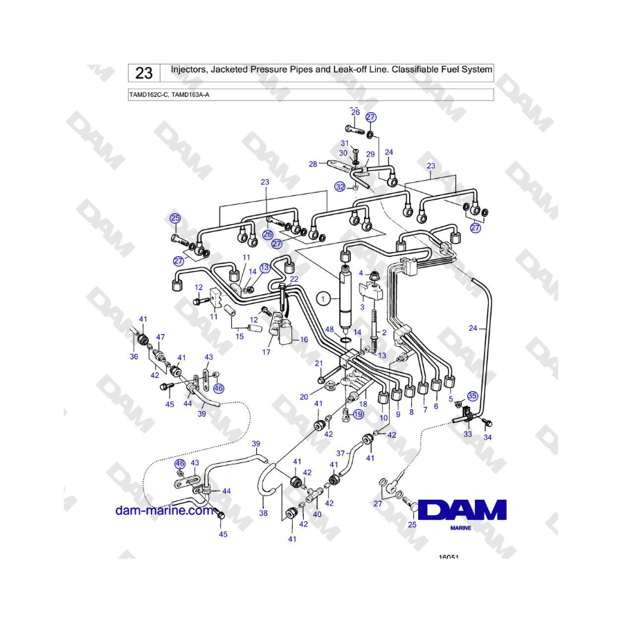 Volvo Penta TAMD162C-C, TAMD163A-A - Inyectores, tuberías de presión encamisadas y línea de control de fugas. Sistema de combust