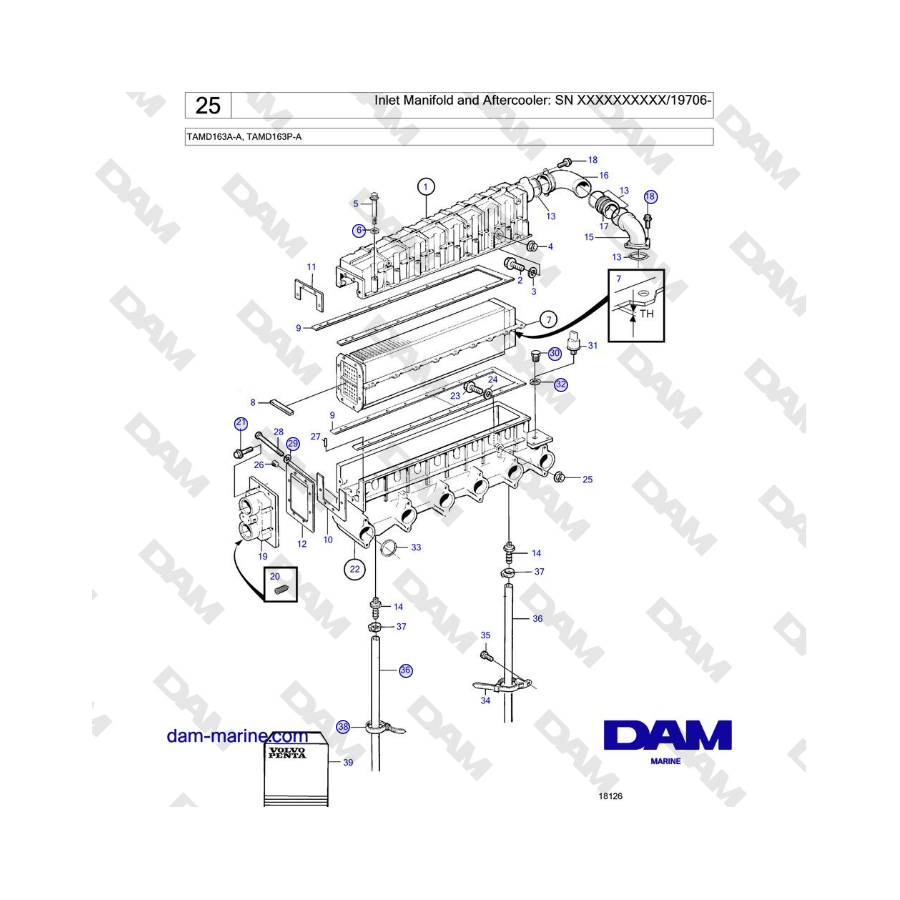Volvo Penta TAMD163A-A, TAMD163P-A - Colector de admisión y posenfriador